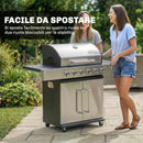 Barbecue a Gas 142x49x111 cm 6 Bruciatori e Fuoco Laterale in Acciaio Inox Nero e Argento      