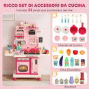 Cucina Giocattolo per Bambini 3-6 Anni 67x25x87 cm con Luci Suoni Fornello Lavello Rubinetto e Cappa in Plastica Rosa      