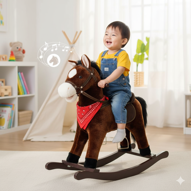 Cavallo a Dondolo per Bambini in Peluche con Suoni Marrone Scuro