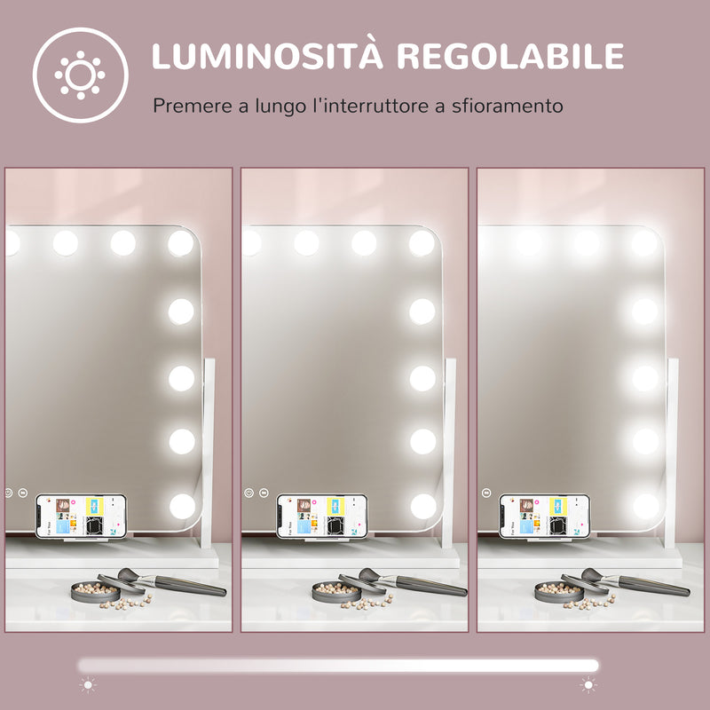Specchio da Tavolo in Vetro con 14 Luci LED Regolabili e Ricarica USB 62,5x14x49,5 cm  per Trucco Make up Bianco  