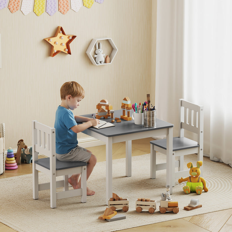 Set Tavolo e Sedie per Bambini da 3-8 Anni in Legno con Bordi Arrotondati Grigio e Bianco      