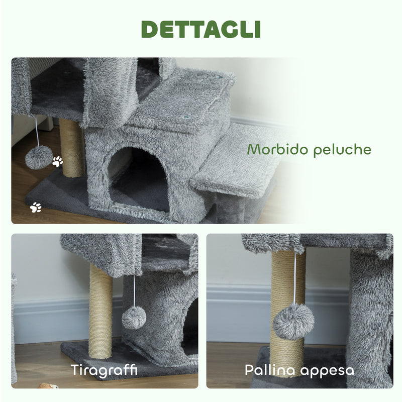 Scaletta per Gatti a 4 Gradini 60x34x77cm con 2 Casette e Tiragraffi Grigio      