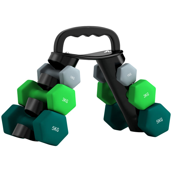 Set 6 Pesi Manubri con Supporto Coppie da 1-3-5 Kg in Metallo Verde e Nero sconto