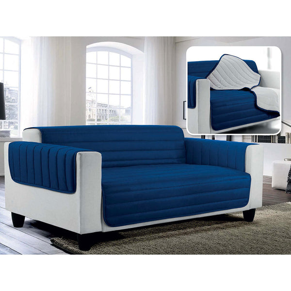 Gesteppter Sofabezug aus Doubleface-Mikrofaser in Dunkelblau/Hellgrau sconto