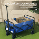 Carrello da Giardino 62L Pieghevole 76x48x86 cm con Maniglia Regolabile in Metallo e Tessuto Oxford Blu      