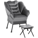 Poltrona Moderna 80x78x100 cm con 2 Tasche Laterali e Poggiapiedi  in Tessuto Effetto Lino Grigio 