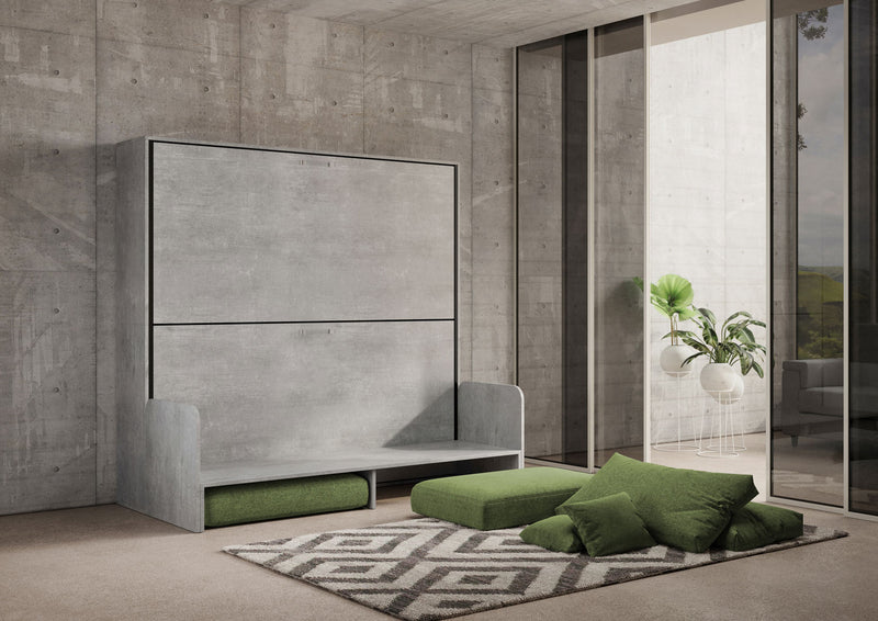 Letto Doppio A Scomparsa Kando Con Divano Con Materassi Cemento e Verde      