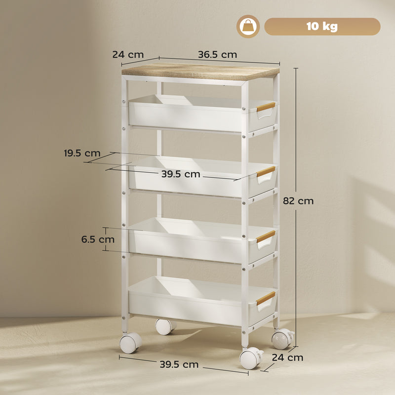 Carrello da Cucina a 5 Livelli 39,5x24x82 cm con 4 Cesti Estraibili in PP e Legno Bianco  