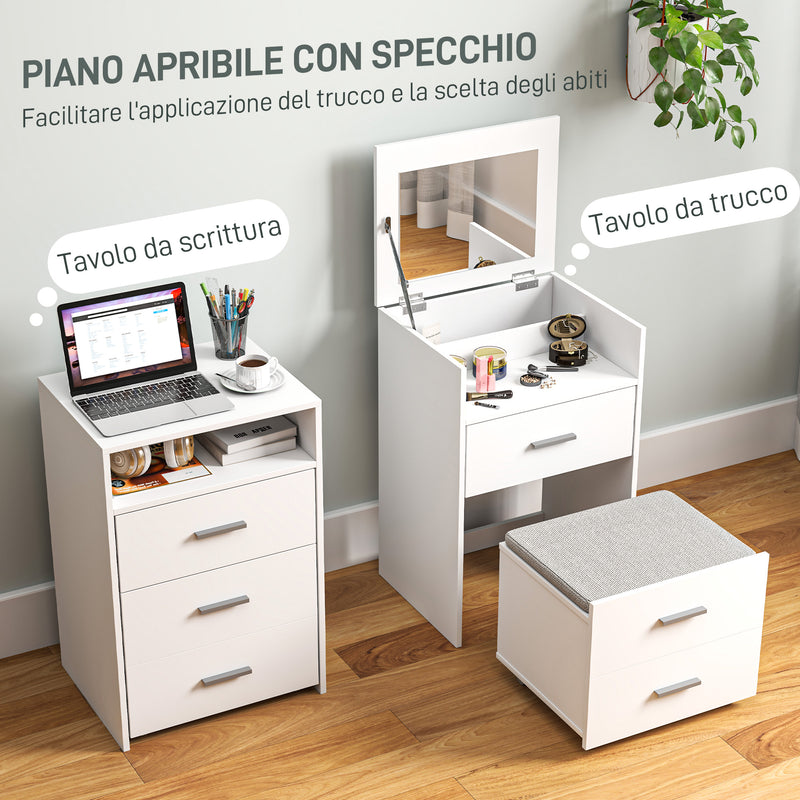 Consolle Trucco 50x40x113,5 cm con Specchio Ribaltabile 2 Cassetti e Sgabello a Scomparsa in Legno Bianco  