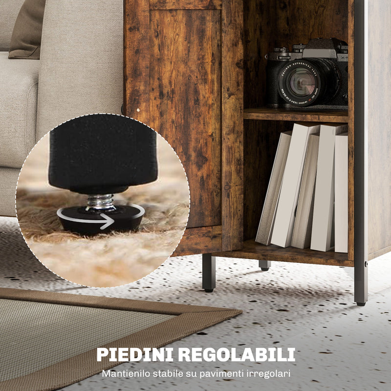 Comodino Stile Industriale 2 Ripiani e Scaffale Interno Regolabile 34x30x80 cm in Legno e Acciaio Marrone