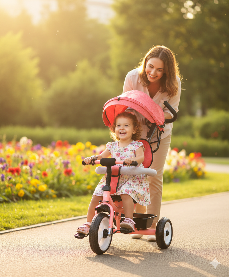 Triciclo Passeggino per Bambini 69x49x98 cm con Parasole e Campanellino Trico Funny Rosa