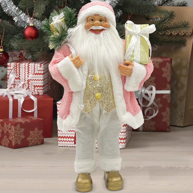 Babbo Natale Abito Rosa e Bianco H60 cm con Mini Lucciole e Suoni
