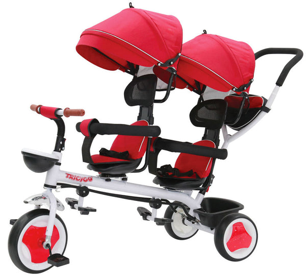 acquista Kidfun Tricygò Roter faltbarer Zwillings-Dreirad-Kinderwagen mit 360° drehbarem Sitz