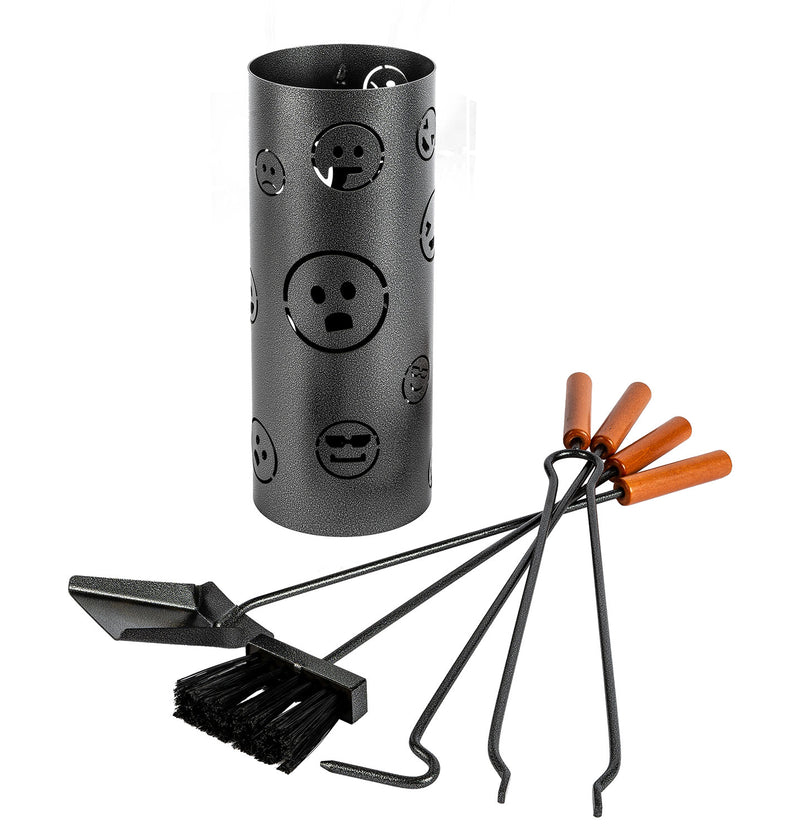 Trespolo per Attrezzi Camino Cilindrico Sagoma Faccine con Paletta Scopino Attizzino e Pinza Ø15,2x62 cm in Ferro Verniciato Grigio Martellato
