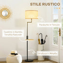 Lampada da Terra con Mensola Integrata in Bambù Paralume in Tessuto Effetto Lino Base in Acciaio Nero e Beige      