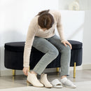 Panca Contenitore Ingresso Ovale 72L con Coperchio Sollevabile Seduta Imbottita in Velluto Nero      