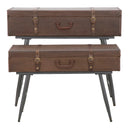 Console Travel Coppia con Contenitore 90x40x78,5-80x35x53,5 cm Legno e Ferro e PU Marrone