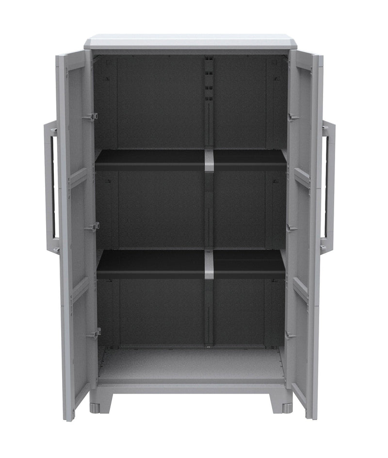 Armadio Portascope Modulare da Esterno 78x43,6x143 cm 2 Ante 2 Ripiani in Polipropilene Transforming Grigio e Nero