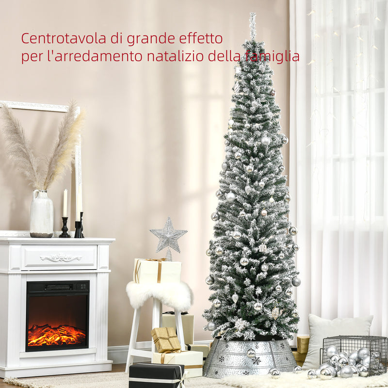 Albero di Natale Innevato Slim 180 cm 492 Rami Effetto Neve in PP e Acciaio Inox Verde  
