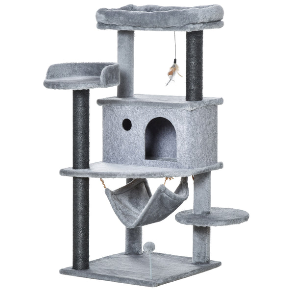 sconto Albero Tiragraffi per Gatti con Palo Casetta Letto Amaca e 2 Giochi in Legno e Peluche Grigio