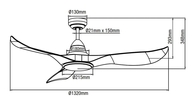Ventilatore da Soffitto con 3 Pale in Abs Ø132 cm 5 Velocità Martec Wave Nero