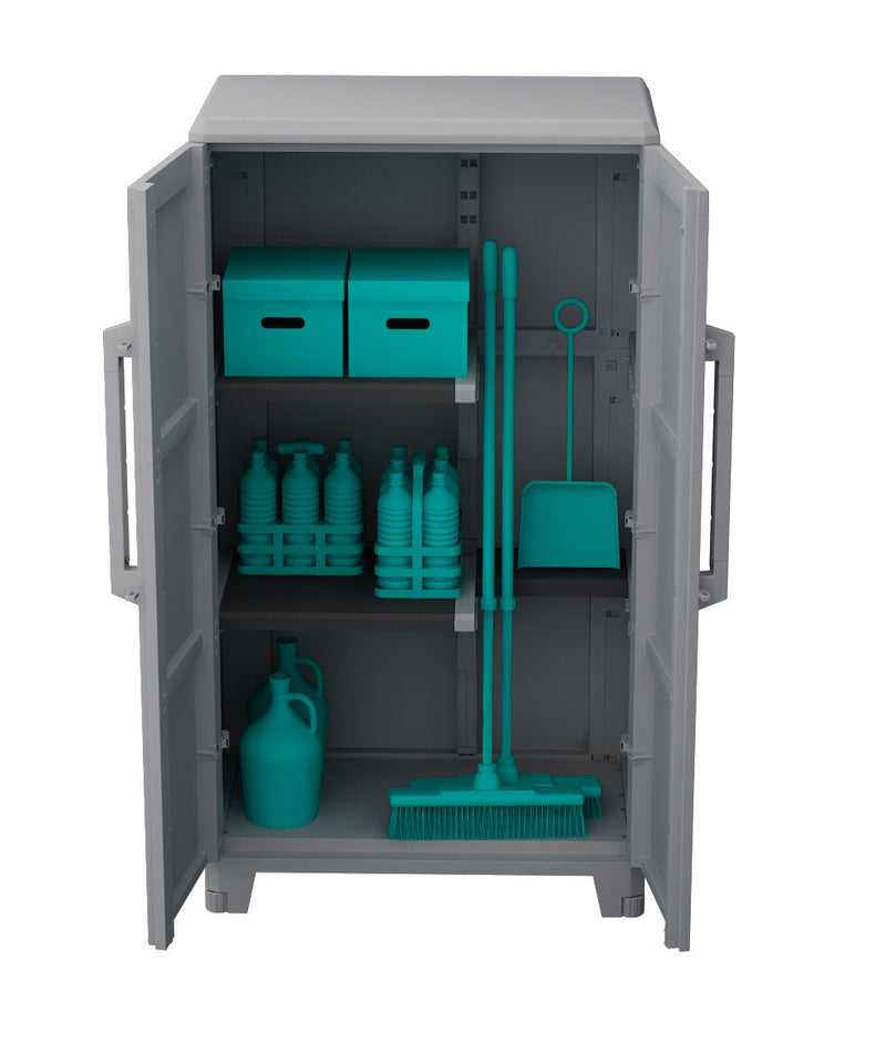 Armadio Portascope Modulare da Esterno 78x43,6x143 cm 2 Ante 2 Ripiani in Polipropilene Transforming Grigio e Nero