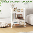 Carrello da Cucina a 3 Livelli 41,5x26,5x63 cm con Cesti Removibili e 4 Ruote in Acciaio e Plastica PP Bianco      