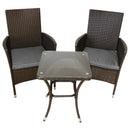 Set Tavolino e 2 Sedie da Giardino Set Bistrò in Rattan Vimini e Vetro Marrone 