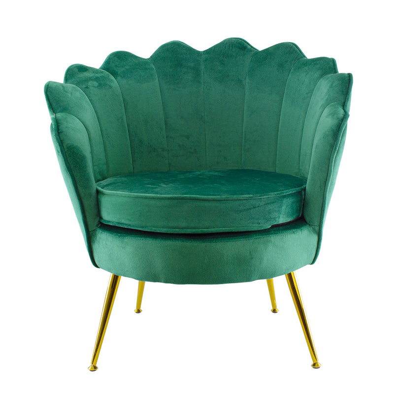Poltrona Imbottita Schienale a Conchiglia in Velluto Piedi Oro Verde