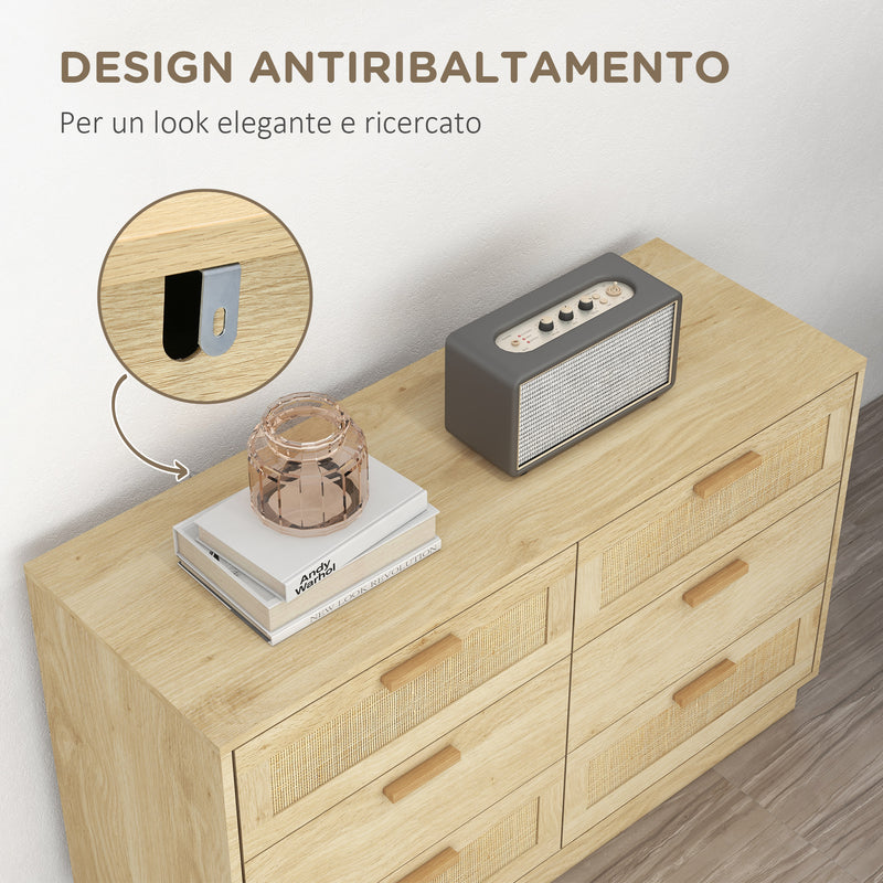 Cassettiera 6 Cassetti Stile Boho 110x40x69 cm in Legno e Rattan Rovere      