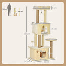 Albero Tiragraffi per Gatti Alto 136 cm con Cuccia Rimovibile Casetta e Lettino Pali in Iuta Beige      