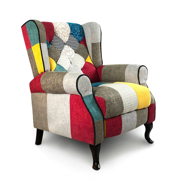 Gepolsterter Relaxsessel aus Patchwork-Stoff mit Fußstütze sconto