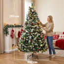 Albero di Natale Innevato Ø130x210 cm con 400 Luci LED a 2 Colori Telecomando 11 Modalità 1253 Rami Pigne e Bacche Rosse in PVC      