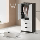 Armadio 2 Ante con 3 Cassetti 80x50x180 cm con Barra Appendiabiti in Melamina Nero Bianco      