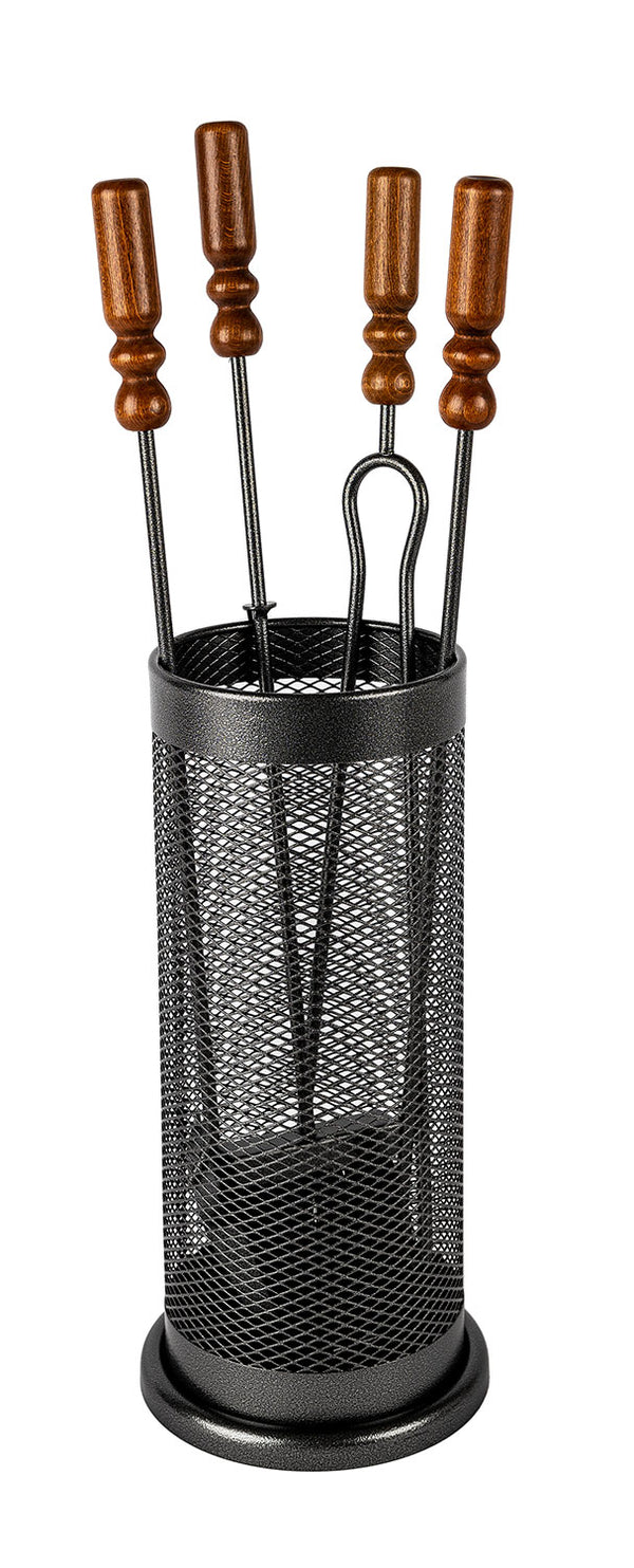 prezzo Trespolo per Attrezzi Camino Barilotto a Rete con Paletta Scopino Attizzino e Pinza Ø18x62 cm in Ferro e Legno Grigio Martellato