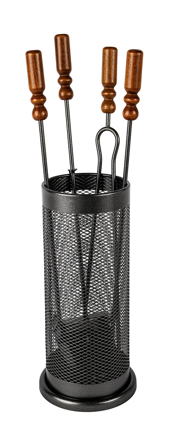 Trespolo per Attrezzi Camino Barilotto a Rete con Paletta Scopino Attizzino e Pinza Ø18x62 cm in Ferro e Legno Grigio Martellato