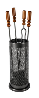 Trespolo per Attrezzi Camino Barilotto a Rete con Paletta Scopino Attizzino e Pinza Ø18x62 cm in Ferro e Legno Grigio Martellato