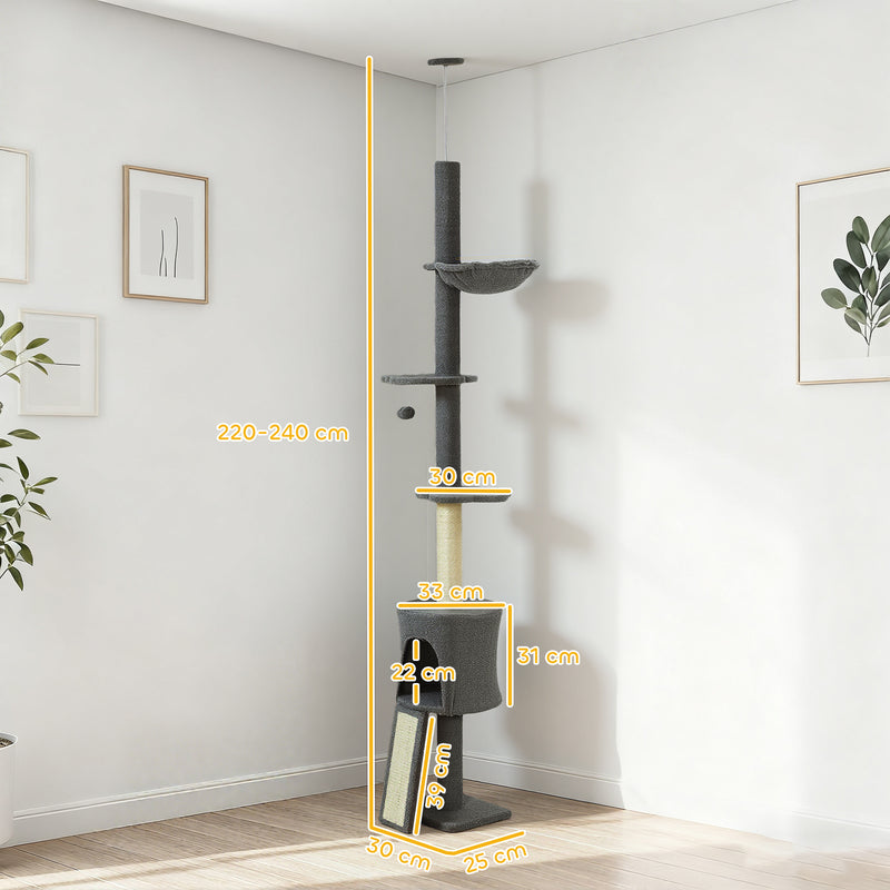 Albero per Gatti a Soffitto Alto 220-240 cm con Amaca Casetta Piattaforme a Fiore e Pali in Sisal Grigio      