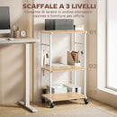 Mobile Supporto per Stampante a 3 livelli 43x30x82 cm con Ruote e Ganci in Legno e Metallo Naturale      