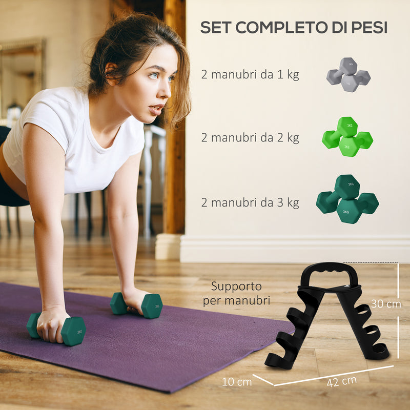 Set 6 Pesi Manubri con Supporto Coppie da 1-2-3 Kg in Metallo Verde e Nero   