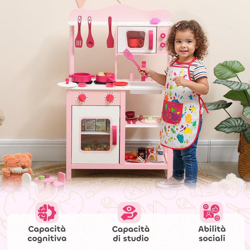 Cucina Giocattolo per Bambini 3+ Anni 55x24x86 cm con Microonde Piano Cottura e Lavandino in Legno Rosa      