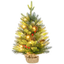 Mini Albero di Natale Ø43x60 cm con Luci LED 141 Rami con Pigne e Bacche Rosse Base in Cemento Verde      