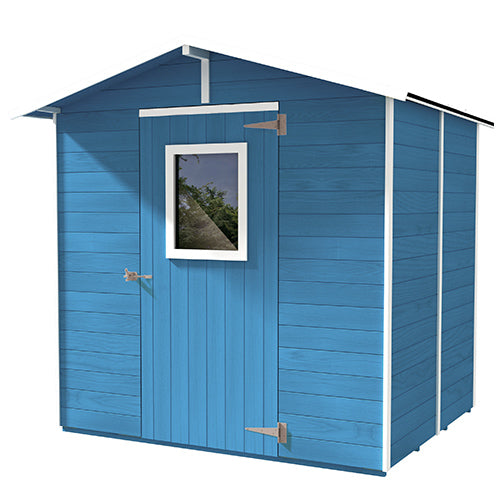 sconto Geräteschuppen aus hellblauem Holz mit Tür und Fenster, 200 x 305 x 214 cm 