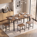 Set Pranzo con Tavolo Allungabile 160x70x78 cm e 6 Sgabelli per 4-6 Persone in Pannello Truciolare e Acciaio Nero e Noce      