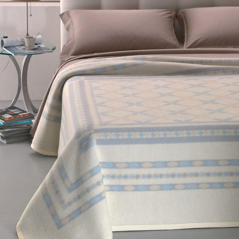 Coperta Pura Lana Matrimoniale Maxi 450gr Cober Taormina Panna/Azzurro