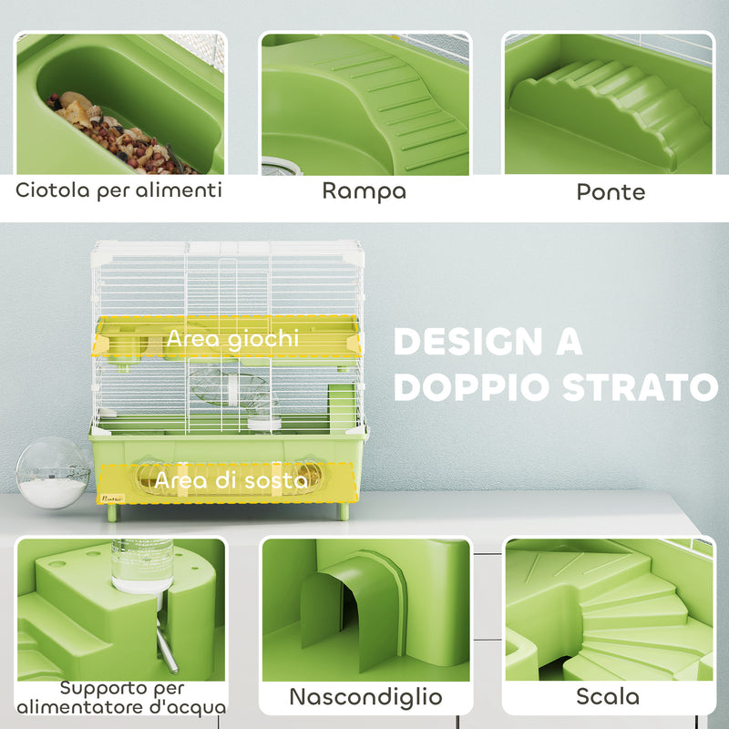 Gabbia per Criceti a 2 Livelli 44,5x28x44 cm 3 Porte con Ruota e Tubi Verde e Bianco   