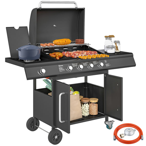 Barbecue a Gas con Fornello Laterale 129,5x56x110 cm Tavolino e Armadietto in Acciaio e PP Nero acquista