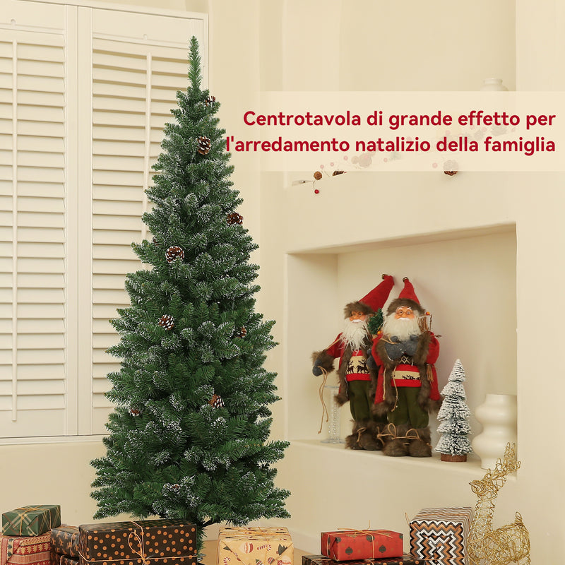 Albero di Natale Innevato Slim 150 cm 395 Rami con Pigne in Plastica e Acciaio Verde  