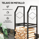 Portalegna da Interno Esterno a 2 Livelli con 3 Ganci 41x30x81cm in Metallo Nero       