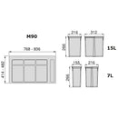 Pattumiera Differenziata 4 Contenitori per Cassettone 90x26,6 cm con Base Emuca Grigio Antracite